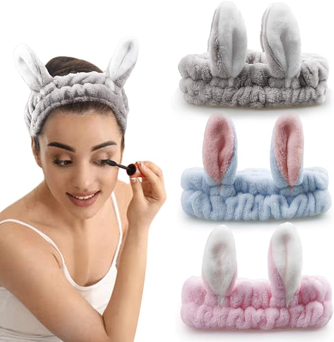 Diadema de conejo esponjoso para maquillaje (3 piezas)